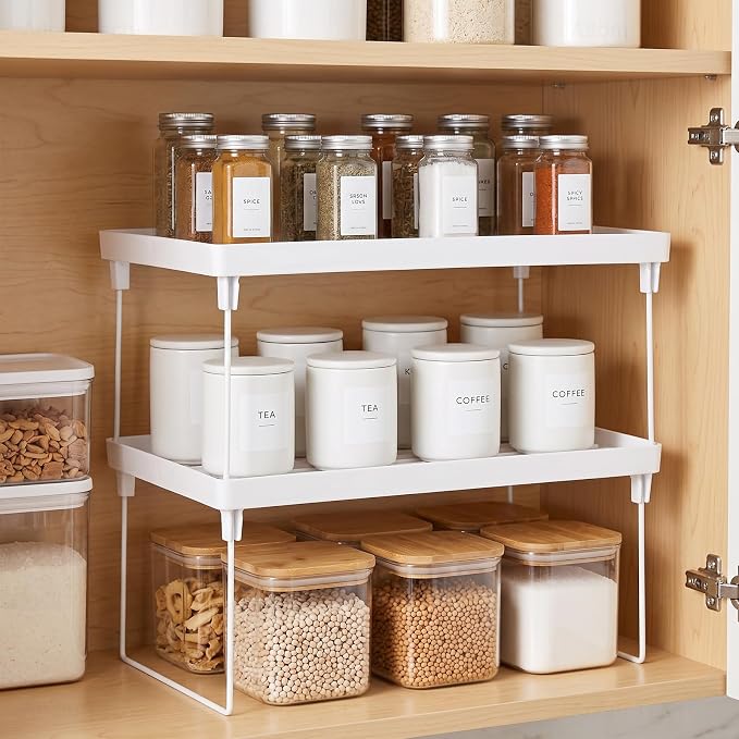 NiHome 2-Pack Stackable Plastic Kitchen Storage Shelf Foldable Rack, White | Stackable Kitchen Cabinet Organizer and Storage Shelves, Expandable Storage Racks for Counter Cabinet Pantry - Image 8