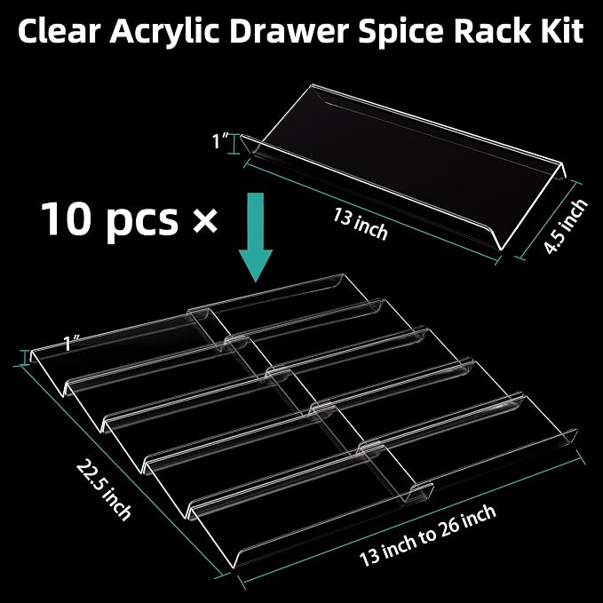 MIUKAA Acrylic Spice Drawer Organizer, 5 Tier - 10 Pack Seasoning Organizer for Drawer, Expandable From 13" to 26" Kitchen Drawer Spice Rack (Jars not Included) - Image 3