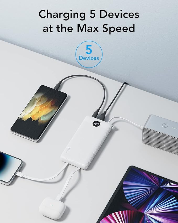VRURC Portable Charger Built in 4 Cables, Slim Power Bank 10000mAh | Multi Devices Charging Bank with Lanyard, USB C Battery Pack for All Cell Phones, Samsung,Android-White(1 Pack) - Image 4