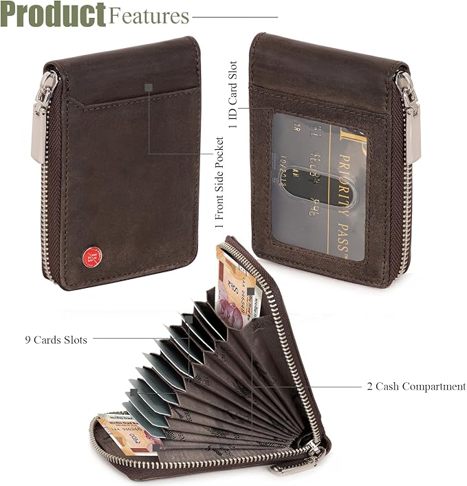 HORNBULL Steve RFID Blocking Leather Wallet for Men | Vertical Credit Debit Card Holder, Zip Around Wallet (Brown) - Image 3