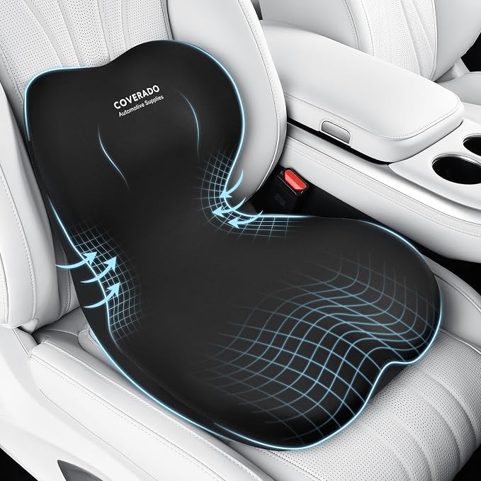 Coverado [Upgraded] Car Seat Cushion and Lumbar Support Pillow One Piece, Memory Foam Ergonomic Back Support Driving Seat Cushion for Back Pain, Non-Slip Washable Cushion for Car, Driver, Office by COVERADOAUTO