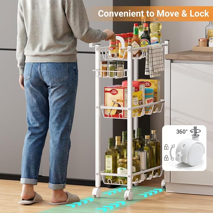 AOODA Laundry Room Cart with Top Detergent Holder, Metal Rolling Storage Cart Between Washer and Dryer, 3 Tier Narrow Laundry Room Organization and Storage with Wheels (White) - Image 6