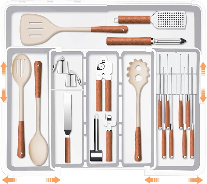Homecor Kitchen Drawer Organizer Large Expandable Silverware Organizer, Utensil Holder and Flatware Tray, Kitchen Spatula Tools and Gadgets Storage with Removable Knife Blocks and 3 Dividers, White by HOMECOR