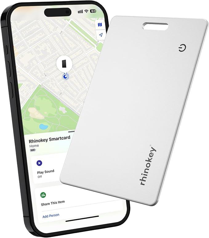 Rhinokey® Wallet Tracker Card Compatible with Apple Find My 0.07 inch IP68 | (iOS Only) Slim 0.07in Rechargeable IP68 Waterproof Tracker Item Finder Credit Card Tracker with Keychain Hole for Luggage by Rhinokey