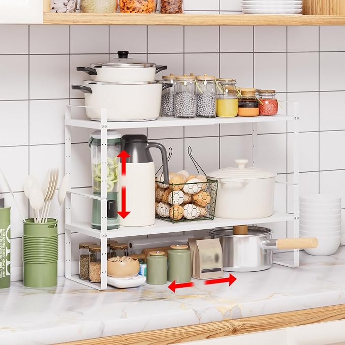 Expandable Cabinet Shelf Organizer Rack, Stackable Kitchen Counter Storage Shelves Stand, Adjustable Height Pantry Shelf Spice Rack (White-2 Pack, 8.7" D x 15.4-26.8" W x 9.8" H) by Unknown