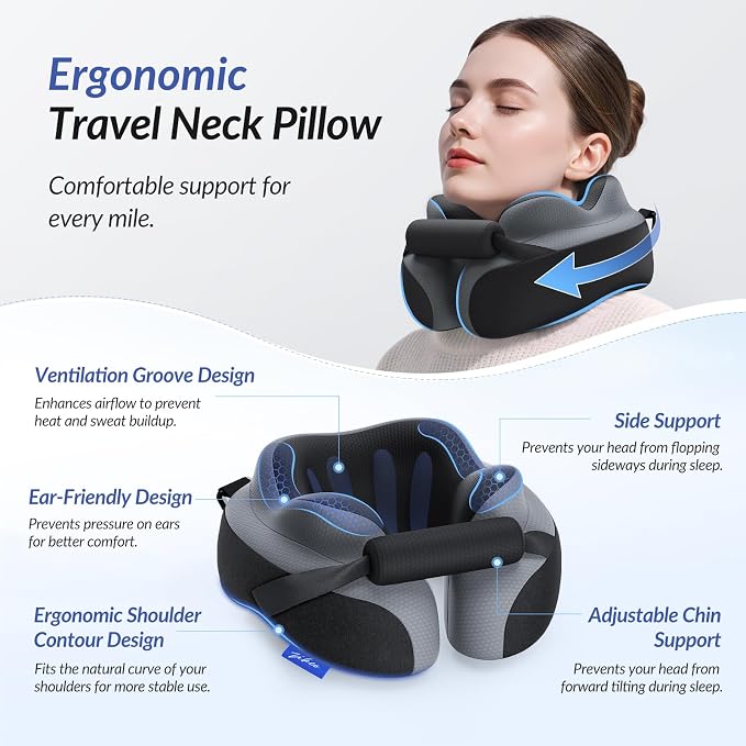 Ergonomic Travel Neck Pillow for Airplane, Dual-Hold Design to Stabilize Head and Neck on Flights, Ear-Free Memory Foam Airplane Travel Pillow, Quality Carrying Case, Breathable & Washable Cover - Image 2