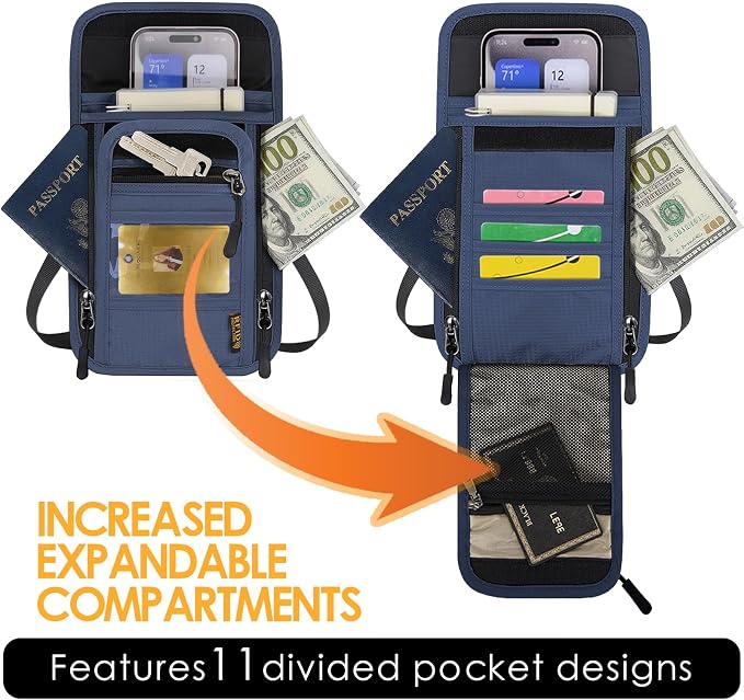 Travel Neck Wallet RFID Blocking – Hidden Passport Holder & Anti-Theft Money Pouch for Men & Women, Lightweight Concealed Undergarment Organizer with Adjustable Strap, Secure Document Holder - Image 2