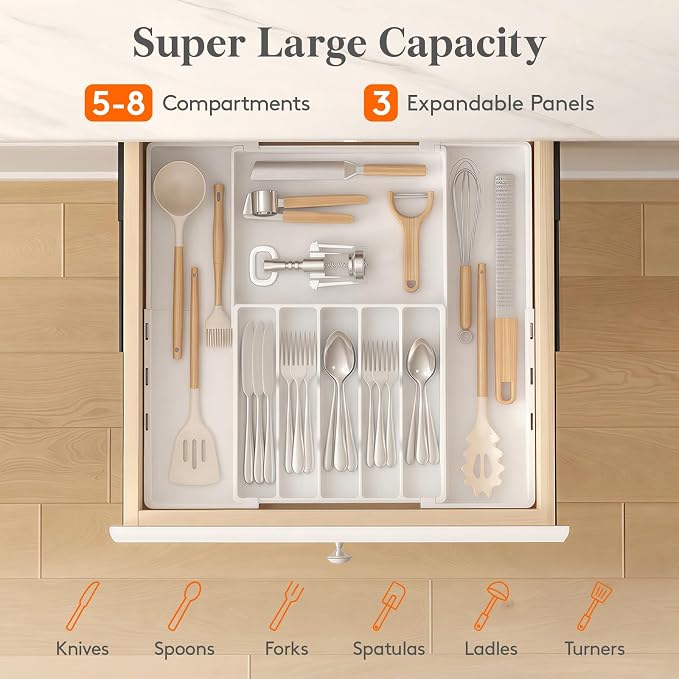 Lifewit Expandable Silverware Drawer Organizer, Utensil Tray for Kitchen | BPA Free Flatware and Cutlery Holder, Adjustable Plastic Storage for Spoons Forks Knives, 12-20.5 x 11.3-19.4 x 1.7, White - Image 3