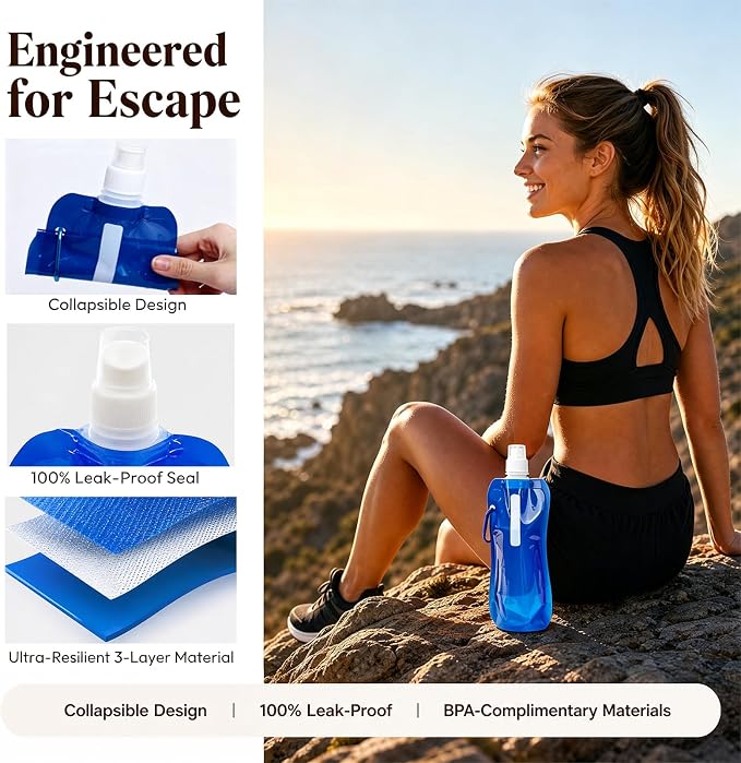 4 Pack Collapsible Water Bottles for Travel – 16oz Foldable Water Bottle with Carabiner,Leakproof Lid, 480ML Portable Reusable BPA-Free Water Bottle for Hiking,Sports,Camping,Biking - Image 4