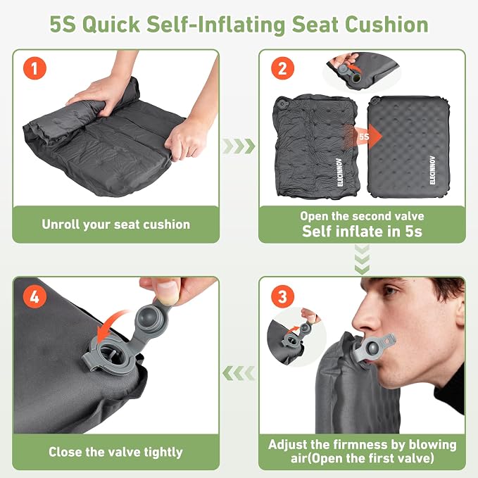 Inflatable Seat Cushion, Self Inflating Compact Stadium Seat Cushion | Airplane Bleacher Seat Cushion Comfortable & Portable Blow-Up High Density Foam Pad for Travel Outdoors Camping (Grey) - Image 4