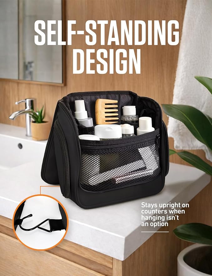 VENTURE 4TH Hanging Travel Toiletry Bag, 18 Compartments - Black | Hangs on rails, hooks or doors; stands upright. Removable TSA pouch. Water-resistant Nylon 290D Twill, reinforced stitching. - Image 5