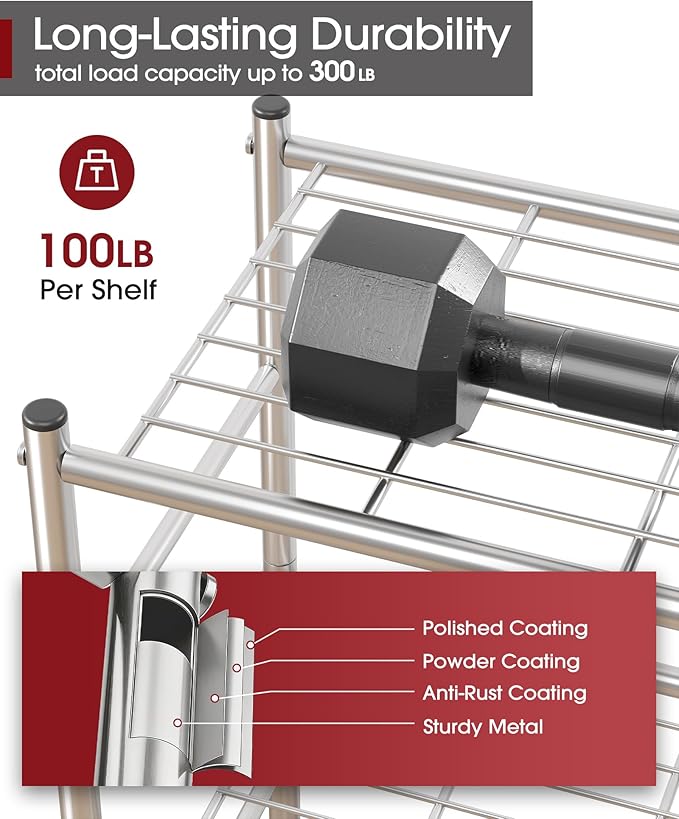Sakugi Storage Shelves - 3 Tier Shelf Organizer, Sturdy Metal Shelving with Adjustable Leveling Feet, Space-Saving Shelves Organizer for Pantry, Laundry, Kitchen (18" x 12" x 30", Silver) - Image 3