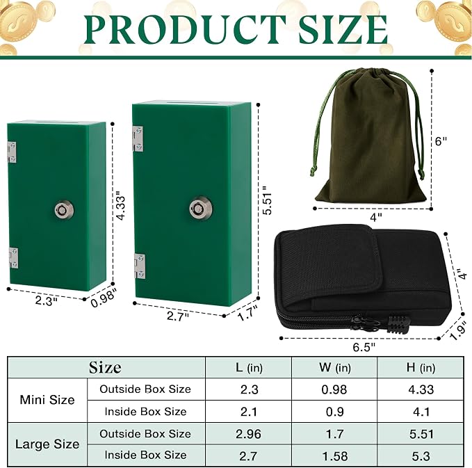 Acrylic Cash Box for Gambler 2 Pack Large and Small, Green Winners Bank with Keys, Slot, Storage Bag, Waist Bag, Portable Casino Money Organizer Safe Lock Box for Gamblers, Christmas Gift for Men - Image 2