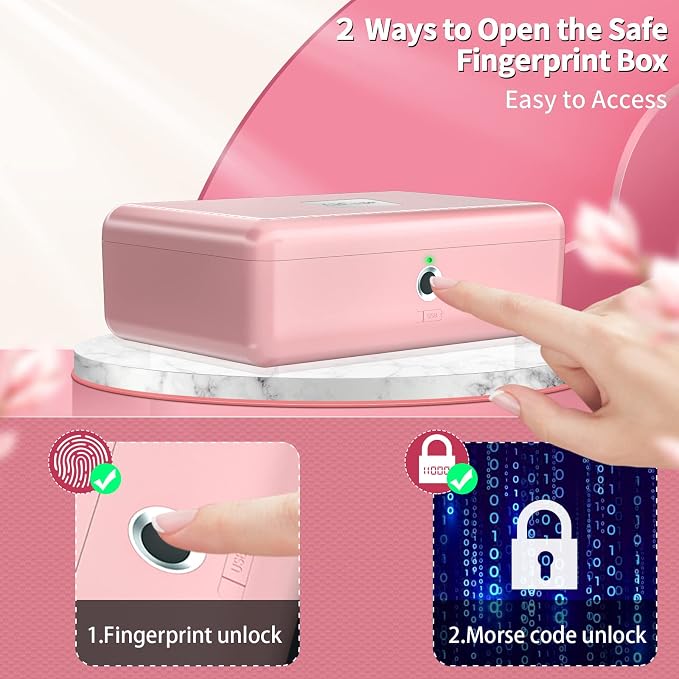 Biometric Fingerprint Storage Box, Portable Jewelry Cash Safe Storage Box, Rechargeable Lock Box for Car Home Office Travel (Pink) - Image 2