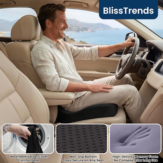 BlissTrends Memory Foam Seat Cushion for Office Chair & Car Seat, Black | 4.7in Ergonomic Tailbone & Sciatica Support with Removable Velvet Cover for Pressure Relief and Long Sitting Comfort - Image 7