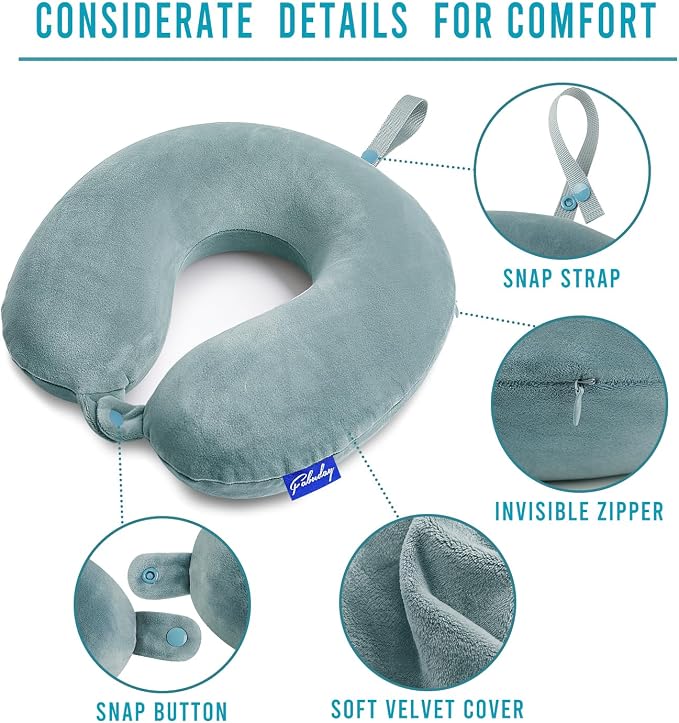 Travel Neck Pillow Memory Foam for Airplane Traveling Gray Blue | Travel Neck Flight Pillow with Attachable Snap Strap Soft Washable Cover for Car, Home, Office, Head Neck Support - Image 6