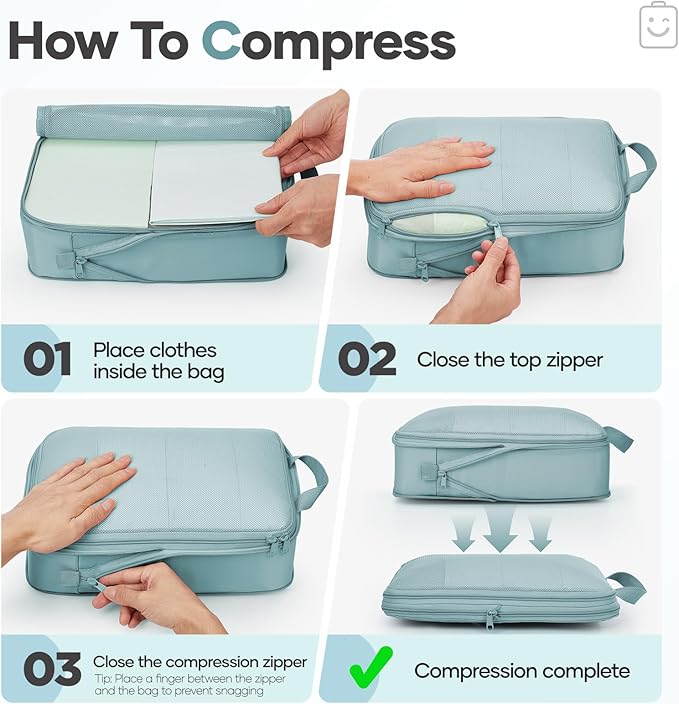 Veken 11 Set Compression Packing Cubes Garment Bags for Travel Essentials,Compressible Expandable Luggage Organizer Bags for Clothing,Space Saver Bags with Over 1000 pcs of Mesh Holes(Blue Gray) - Image 3
