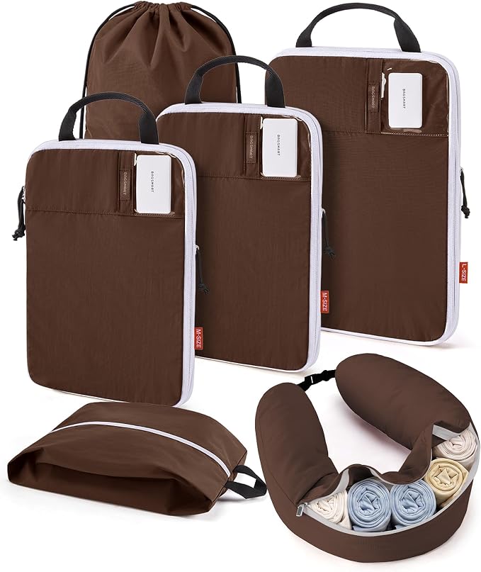 BAGSMART Compression Packing Cubes with Fillable Neck Pillow for Clothes | 1 Wearable Neck Pillow & 5 Travel Bags to Avoid Baggage Fees, Durable, Tear Resistant Washable Taslan Fabric with Card Slots by BAGSMART