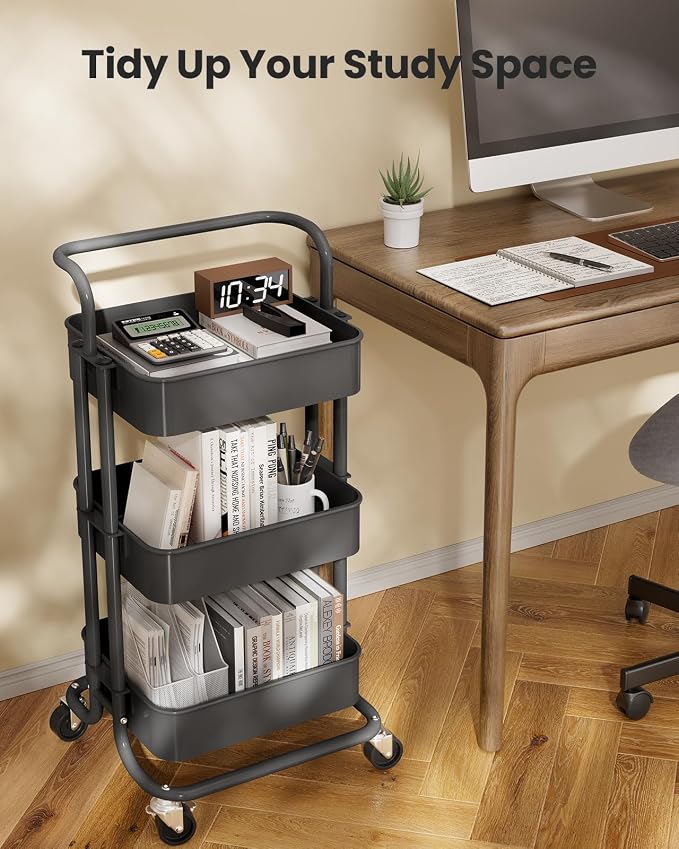 Pipishell Metal 3 Tier Rolling Cart with Handle & 2 Lockable Wheels, Gray | Four Large 2" Wheels for Easy Motion, Sturdy Metal, Hold 22 lbs per Shelf, Ideal for Nursery Room, Living Room, Painting Room - Image 6