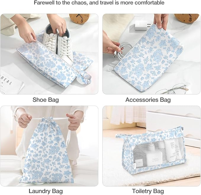 8 Set Packing Cubes for Suitcases,Packing Cube with Shoe, Cosmetics, Clothing, and Accessories Bags Packing Cubes for Travel Luggage Organizer Women Men(Blue Flowers) - Image 5