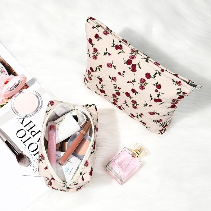 SOIDRAM 2 Pieces Rose Makeup Bag Large Corduroy Cosmetic Bag Capacity Canvas Mix Travel Toiletry Bag Organizer Cute Makeup Brushes Aesthetic Accessories Storage Bag for Women, Rose Mix White - Image 6