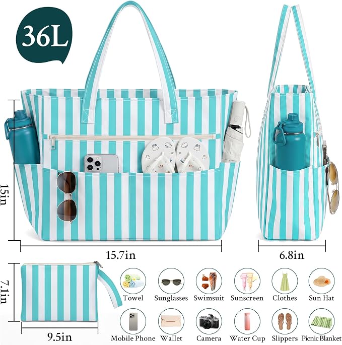 Large Beach Bags for Women, Waterproof Sandproof Beach Tote Bags Swim Pool Bags with Zipper & Wet Pocket Family - Image 4