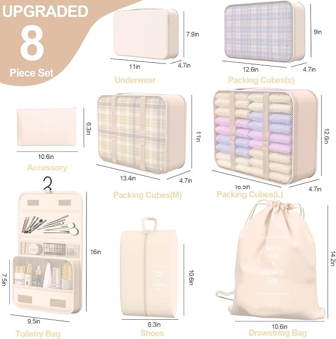 8 Set Packing Cubes for Travel,Suitcase Organizer Bags for Luggage with Shoe & Hanging Toiletry Bag, Vacation Essentials & Accessories for Cruise Ship, Airplane Must-Have,Road Trip & Camp Gifts(Cream) - Image 2