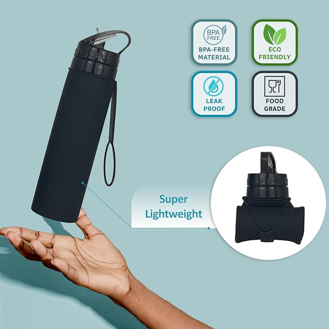 Collapsible Water Bottles 20oz, Odorless BPA-Free Silicone, Leak-Proof Foldable Reusable Bottle - Perfect for Cruise Travel Sports Gym Hiking Camping Cycling - Black - Image 3