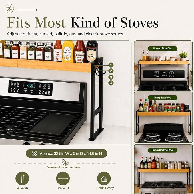 Spice Rack Shelf for Kitchen Stove, Bamboo Over the Stove Shelf with 4 Level Adjustable Height, 33 Inch Stove Top Spice Rack Organizer with 4 Hooks, Reinforced 30 lb Capacity, Non-Slip Pads, Black - Image 3