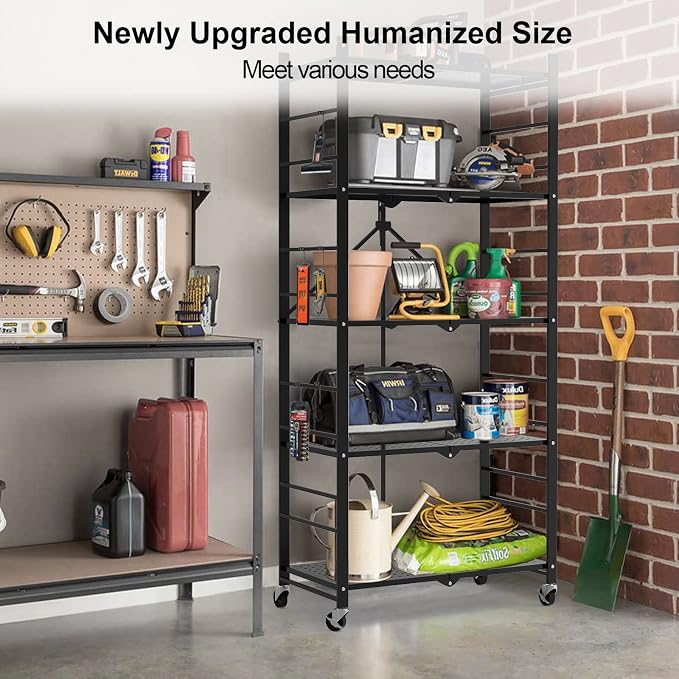 Himix 5-Tier Foldable Storage Shelves with 20 Hooks Wheels Kitchen Black | Folding shelving units, Metal collapsible organization, Wire rack, No assembly, Bookshelf, Garage, Pantry, Holds 440 Ibs - Image 8