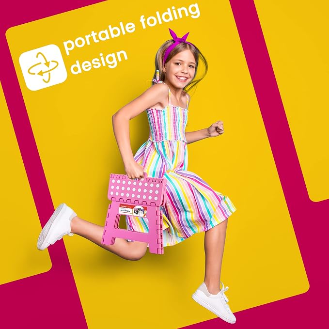 9" Folding Step Stool for Kids, Holds 300 lb Foldable Stools, Pink | Heavy Duty Collapsible Foot Stools, Lightweight, Non-Slip, for Toddler/Adults Kitchen Bathroom Bedroom Outdoor, with Handle - Image 6