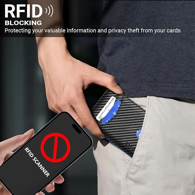 VATAN Wallet for Men Slim RFID Blocking Leather Credit Card Holder Wallet for 15 Cards, Bifold Minimalist Thin Wallet with 2 ID Windows & Cash Slot, With Gift Box (Carbon Black and Blue) - Image 8