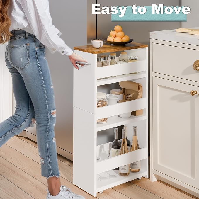 MARTY Slim Rolling Storage Cart 7.9" W Laundry Cart with Wheels,Brown+White | Narrow Utility Cart Between Washer and Dryer, 3 Tier Mobile Shelving Unit for Kitchen, Laundry, Bathroom, Office, Living Room - Image 2