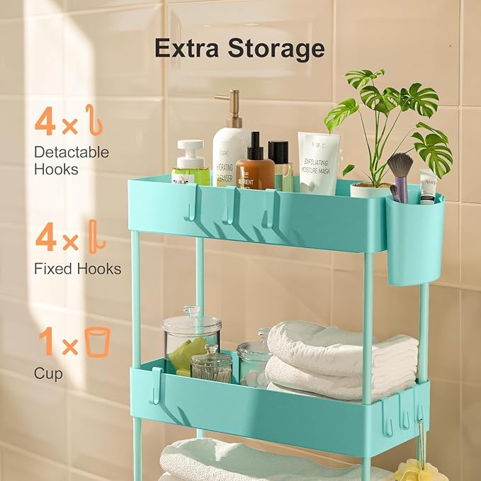 Pipishell 4 Tier Slim Storage Cart with Wheels, Laundry Cart, Turquoise | 7.1 Inches Wide – Fits Narrow Spaces, Storage Cup and 6 Hooks, Ventilation Holes, Durable ABS Material, Detachable Wheels - Image 5