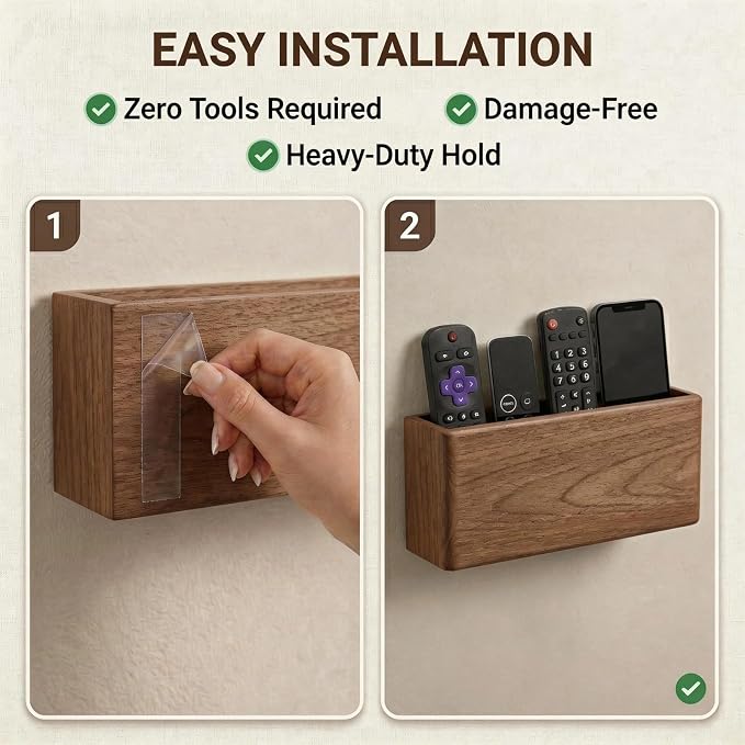 Wall Mount Remote Control Holder, Dark Walnut Wood TV Remote Organizer & Phone Caddy, No-Drill Space-Saving Wall Storage for Living Room, Office, Bedroom and Bedside - Image 4