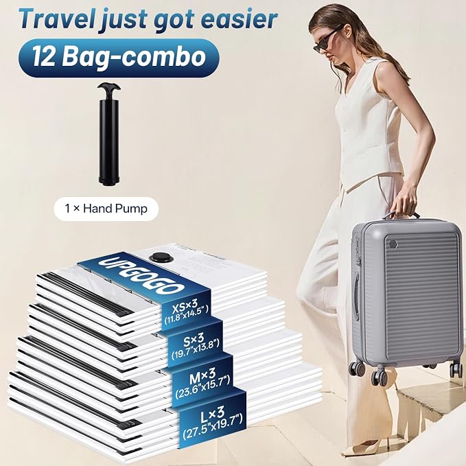 UPGOGO Travel Vacuum Bags for Luggage with Hand Pump,Vacuum Seal Bags for Clothing,Packing Cubes Compression,Cruise Ship and Travel Essentials(Combo 12 Pack) - Image 2