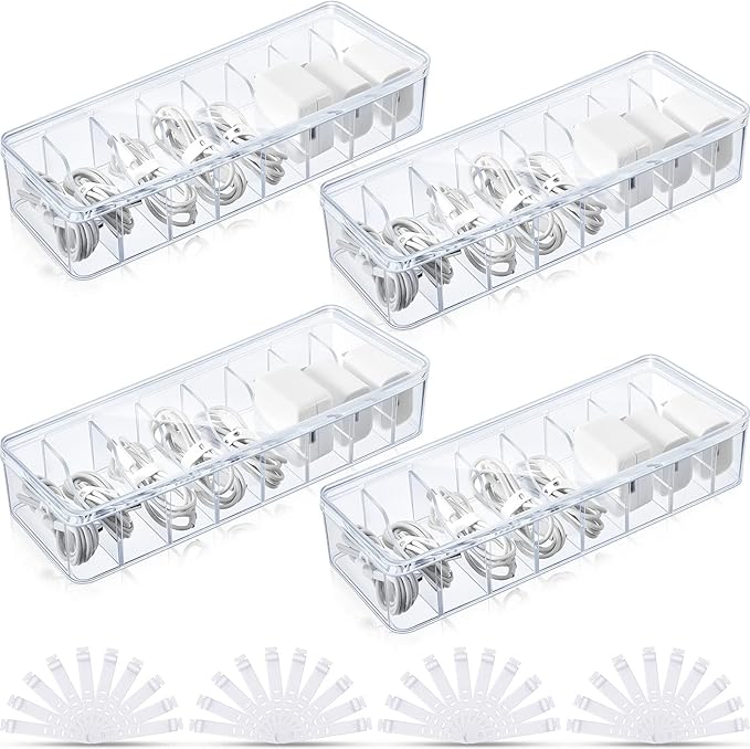 Tatuo 4 Pcs Cord Organizer for Drawer Desktop, Cable Organizer Box with 8 Compartments and Wire Ties, Plastic Charger Storage with Lid, Electronics Case for Home Office Accessories (Small,Clear) by Tatuo