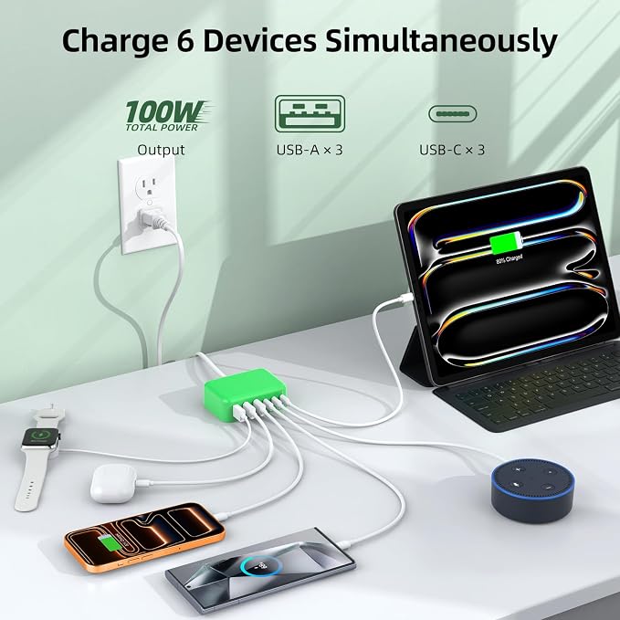 100W 6 in 1 USB Charger, 50% Smaller Charging Station for Multiple Devices | Fast Charging Blocks with Type C Port, USB Charging Hub Organizer Multiport Power Strip for iPhone,Samsung,Ipad,Kindle,Travel - Image 2