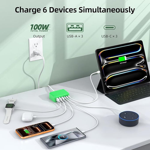 100W 6 in 1 USB Charger, 50% Smaller Charging Station for Multiple Devices | Fast Charging Blocks with Type C Port, USB Charging Hub Organizer Multiport Power Strip for iPhone,Samsung,Ipad,Kindle,Travel - Image 2