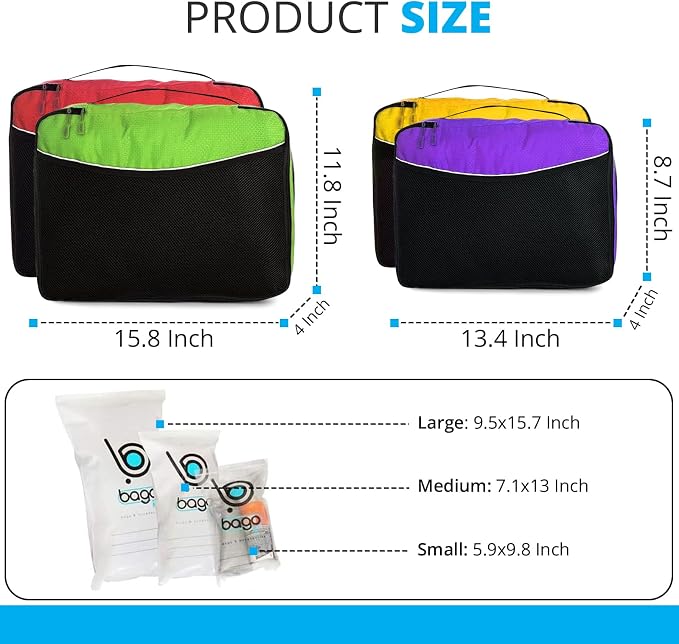 bago 7 Pcs Packing Cubes for Travel - 4 Travel Packing Cubes for Suitcases with 3 ZipLock Bags - Luggage Organizer Bags to Get Maximum Storage, Save Time & Effort to Pack (Green Red PurpleYellow) - Image 2