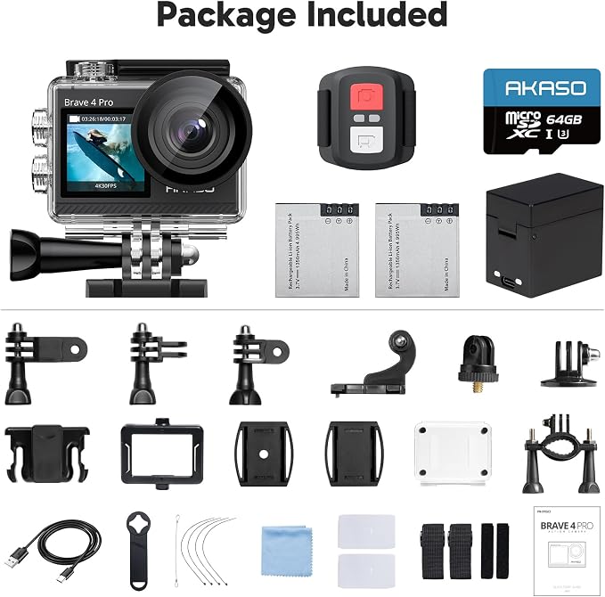 AKASO Brave 4 Pro Action Camera 4K with 64GB MicroSD U3 Card Bundle | 131FT Underwater Waterproof Camera 20MP EIS Touch Screen WiFi 5X Zoom with 2x1350mAh Batteries and Helmet Accessories Kit - Image 9