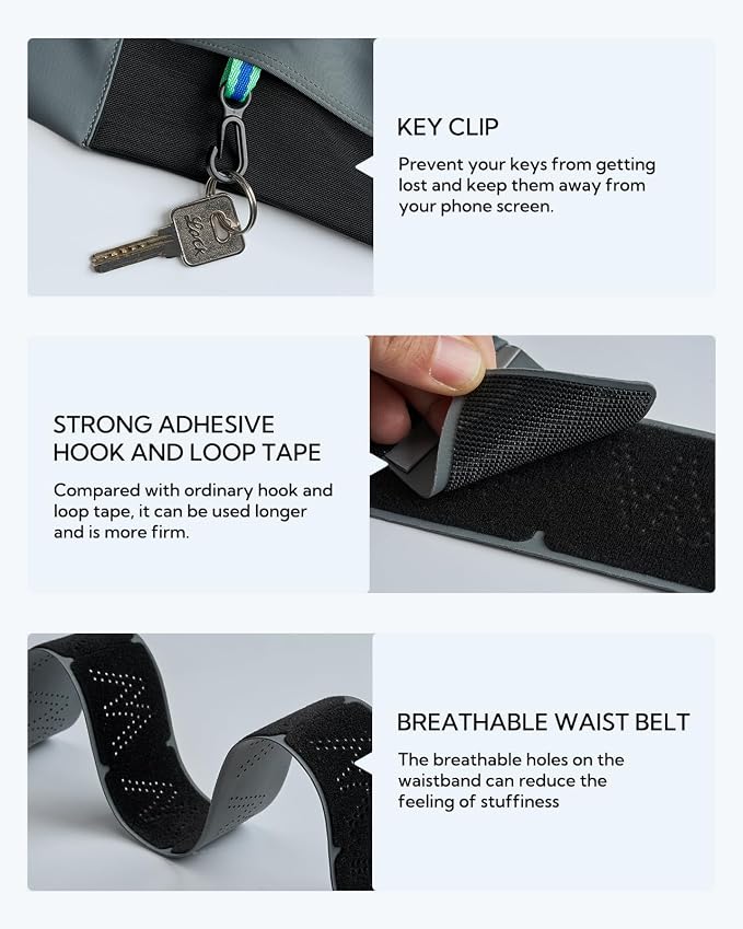 WATERFLY Running Belt Fanny Pack: Slim Lightweight Waist Bag for Runners | Trim-to-Size Hook & Loop Fit 24"-47", Workout Phone Holder, 3 Pockets, Reflective Strip, Fitness Jogging Exercise, Women, Men - Image 6