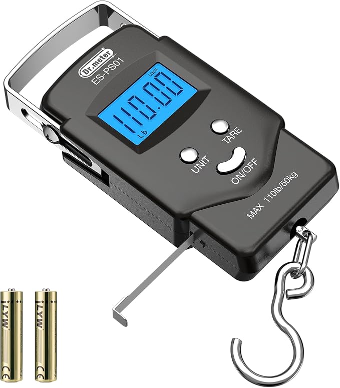 Dr.meter Fish Scale, 110 lb Digital Luggage Scale with Tape | 110 lb Capacity, Backlit LCD, Built-In Tape, Includes 2 AAA Batteries, Compact Pocket Size by Drmeter