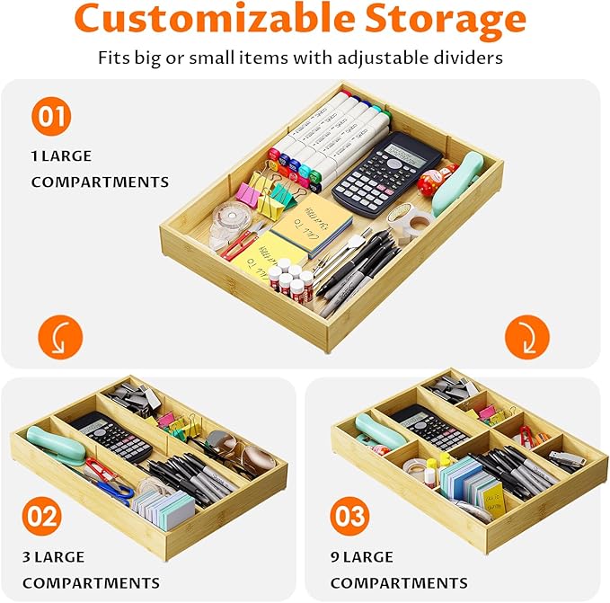 Bamboo Drawer Organizer with 9 Adjustable Compartments, Desk Storage Tray | Natural Bamboo, Flexible Modular Trays, Water-Resistant, Adjustable, Excellent Organization, Easy to Clean, Non-Slip Design - Image 3