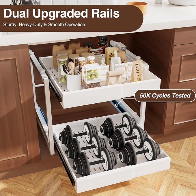 2-Tier Expandable Pull Out Cabinet Organizer, Heavy Duty Adjustable Width Metal Slide Out Shelf, No Screw Cabinet Storage Rack for Kitchen Bathroom 17in Depth Cabinet（White） - Image 4