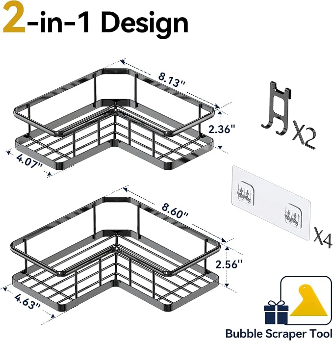 Corner Shower Caddy Adhesive, 100% Rustproof Shower Organizer, No Drill Shower Shelf for Inside Shower, Wall-Mounted Shower Storage for Homes (2 Pack, Black) - Image 2