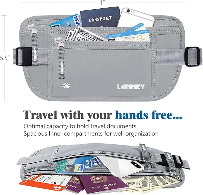 Money Belt for Travel, Slim RFID Blocking Women and Men Hidden Travel Pouch Under Clothes, Passport Holder Protect Cash, Documents, Credit Card, Bonus 2 RFID Sleeves - Image 4