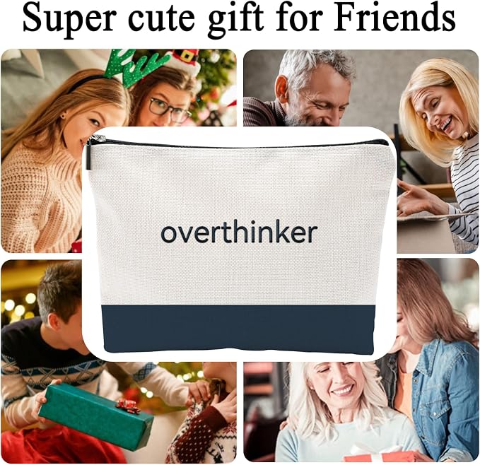 Funny Makeup Bag for Women - overthinker Relatable Quote Pouch - Minimalist Navy Blue Color Block Canvas Cosmetic Organizer - Unique Gift for Best Friend, Introverts & Mental Health Awareness - Image 3