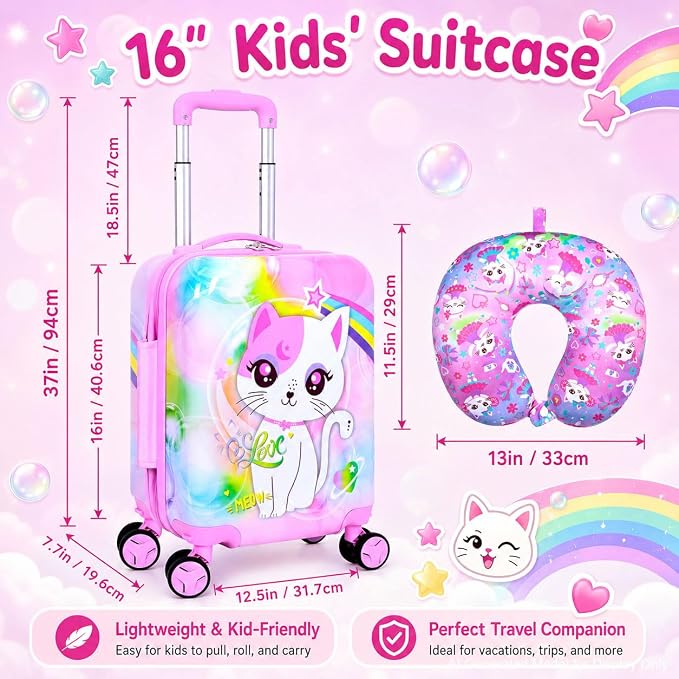 Kids Luggage Set with Wheels, Lightweight Hardshell Spinner Suitcase 2PCS - Airplane Approved Carry-On for Girls & Children Ages 3-10, Pink Cat Rolling Suitcases for Elementary Toddler Travel - Image 4