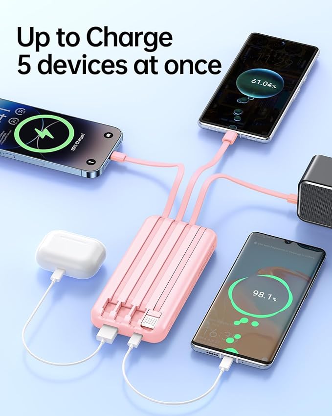 Portable Charger with Built in Cable 20000mAh Fast Charging | Power Bank USB C Slim 22.5W LED Display Battery Pack 5 Outputs & 3 Inputs for Travel Essentials iPhone Samsung Phones Pink - Image 5